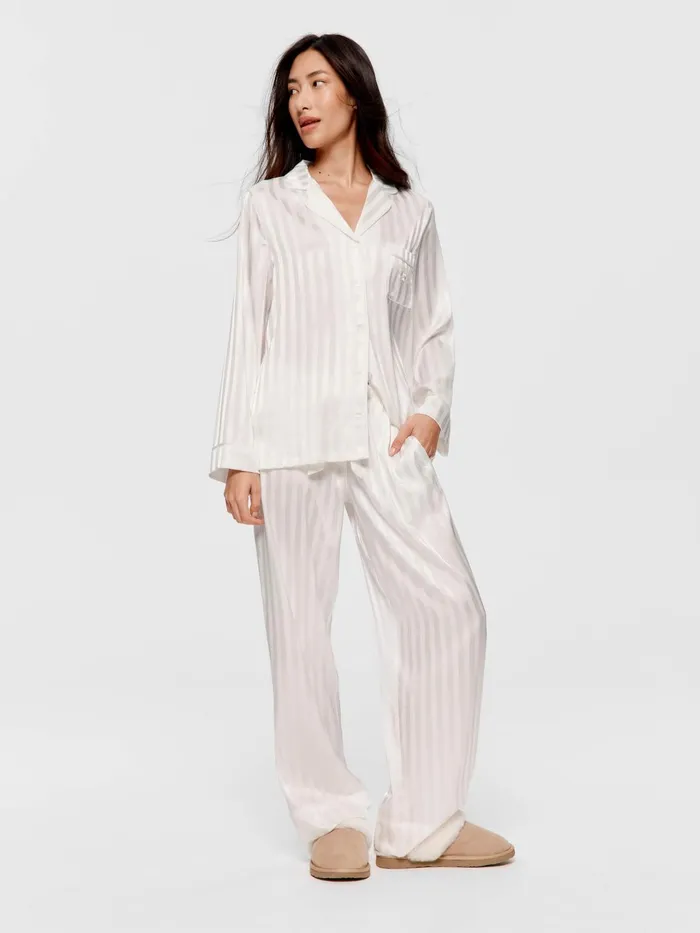 Women White Stripe Chic Satin Long Sleeve Pj Set White Peter Alexander Satin