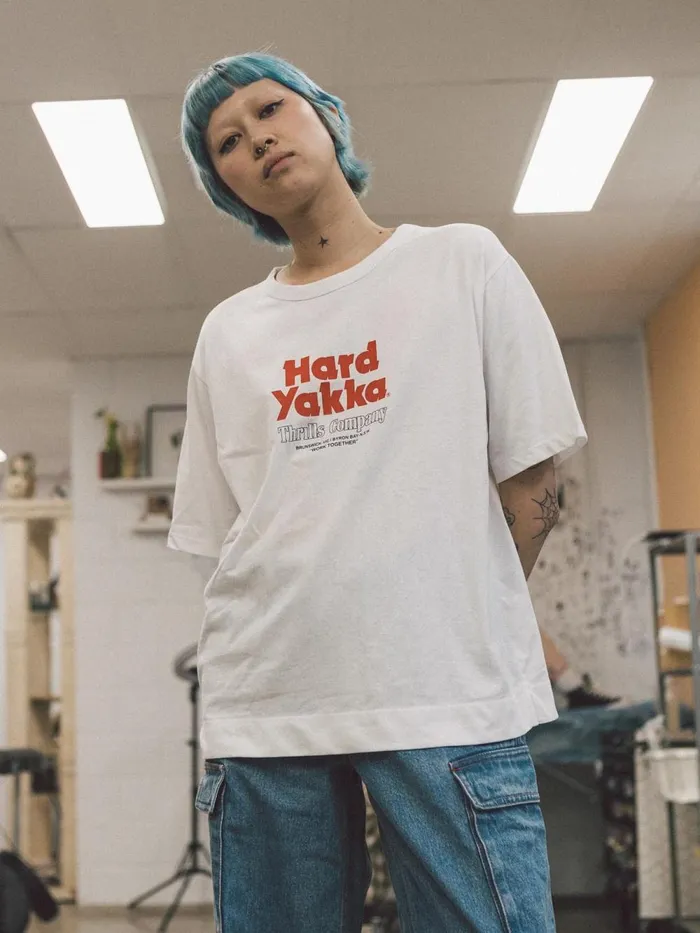 Womens Hard Yakka X Stacked Box Fit Tee White Thrills Tops and Tees