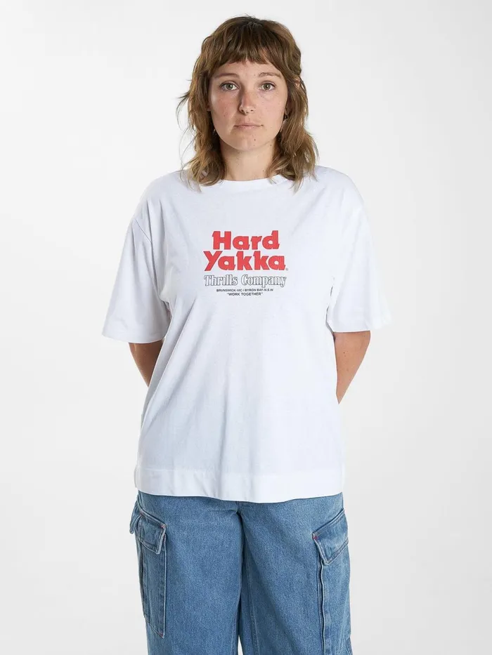 Womens Hard Yakka X Stacked Box Fit Tee White Thrills Tops and Tees