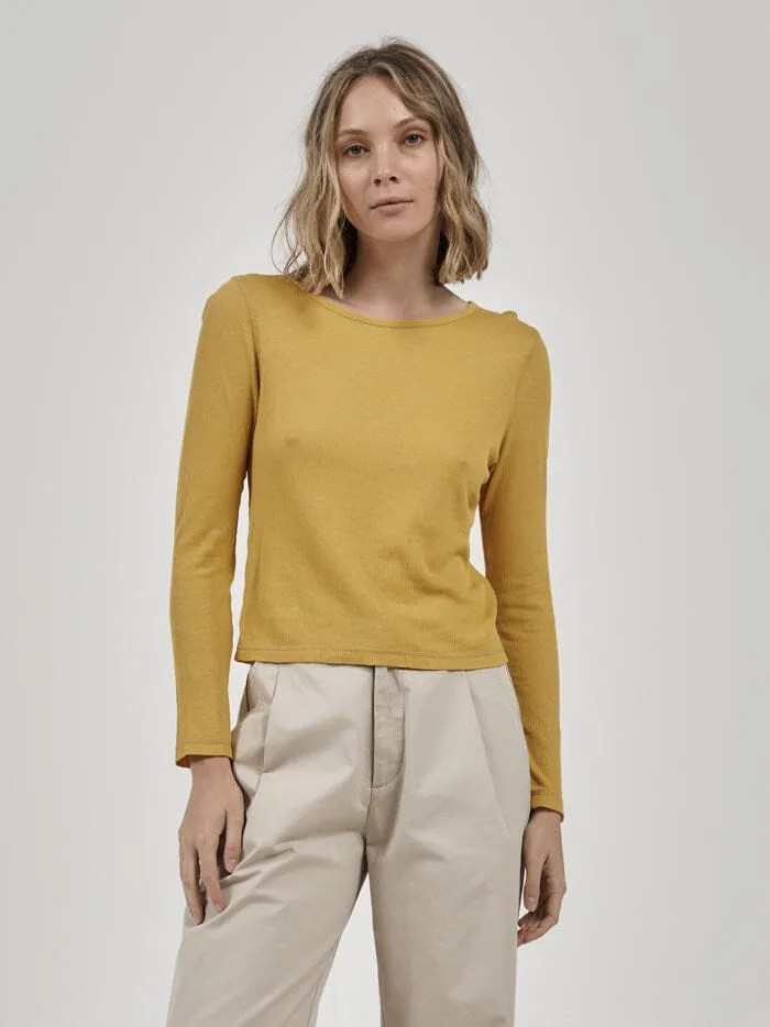 Womens Hemp Paper Rib LS Mini Tee Mineral Yellow Thrills Tops and Tees