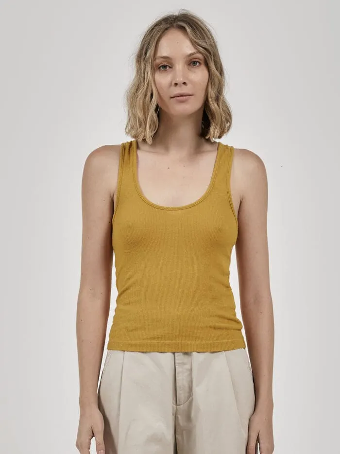 Womens Hemp Paper Rib Plunge Tank Mineral Yellow Thrills Tops and Tees