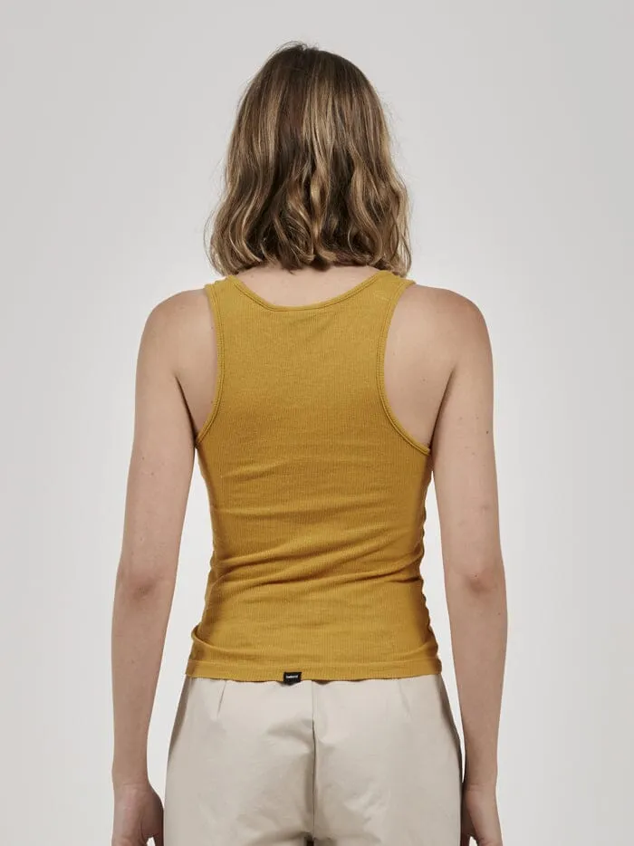 Womens Hemp Paper Rib Plunge Tank Mineral Yellow Thrills Tops and Tees