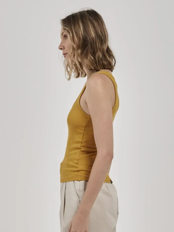 Womens Hemp Paper Rib Plunge Tank Mineral Yellow Thrills Tops and Tees