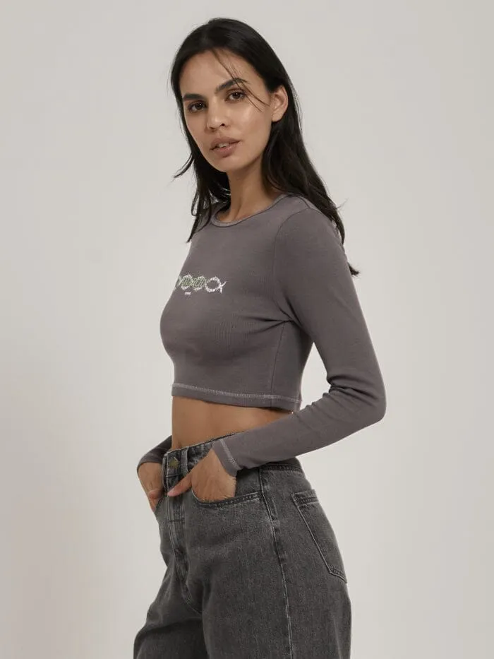 Womens Tribute To Anarchy LS Baby Tee Graphite Thrills Tops and Tees