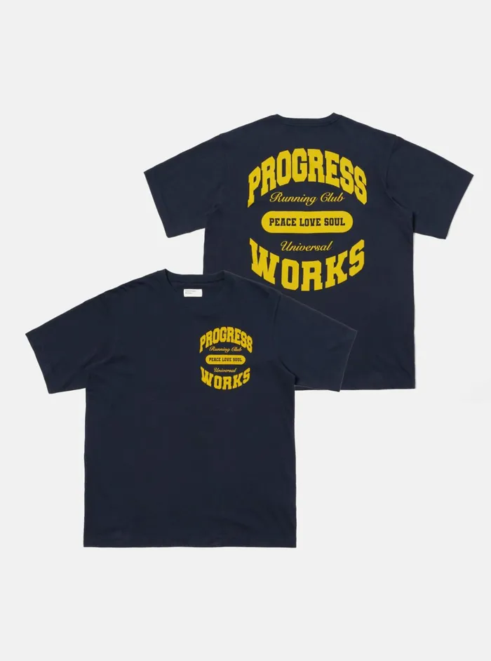 X Progress Running Club Print Tee In Navy Single Jerse Men Universal Works Tees X Progress Running Club Print Tee In Navy Single Jerse Men Universal Works Tees