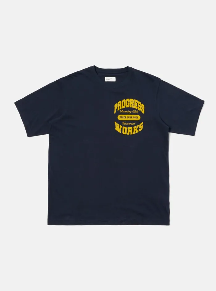 X Progress Running Club Print Tee In Navy Single Jerse Men Universal Works Tees