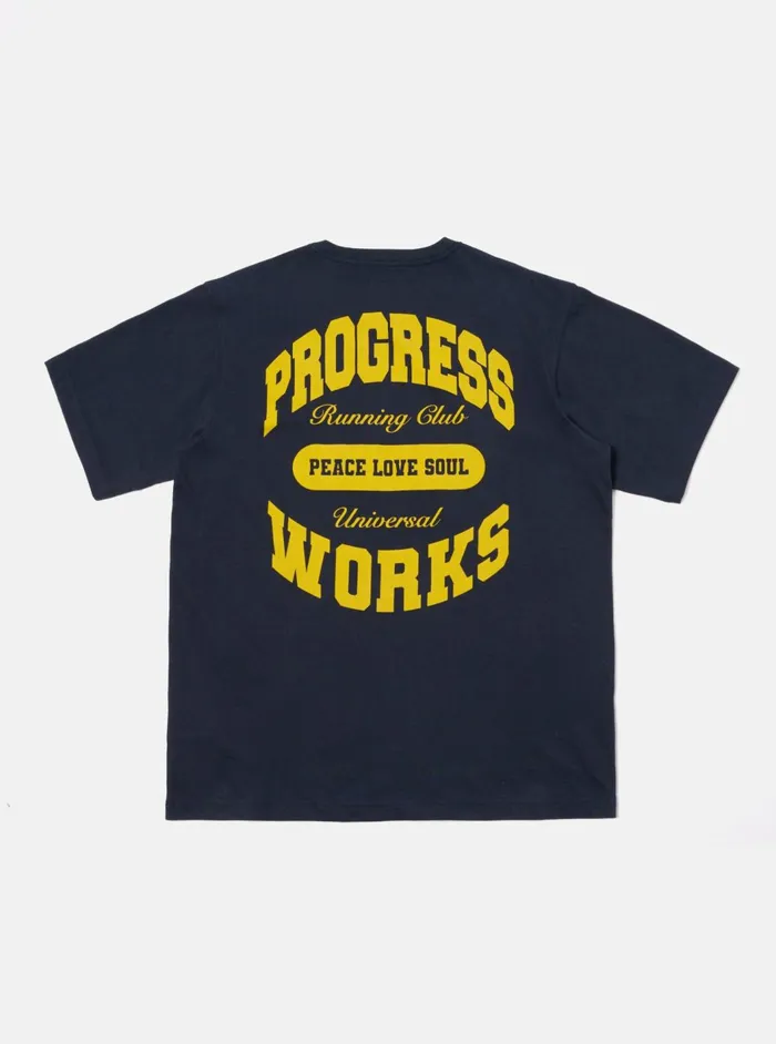 X Progress Running Club Print Tee In Navy Single Jerse Men Universal Works Tees
