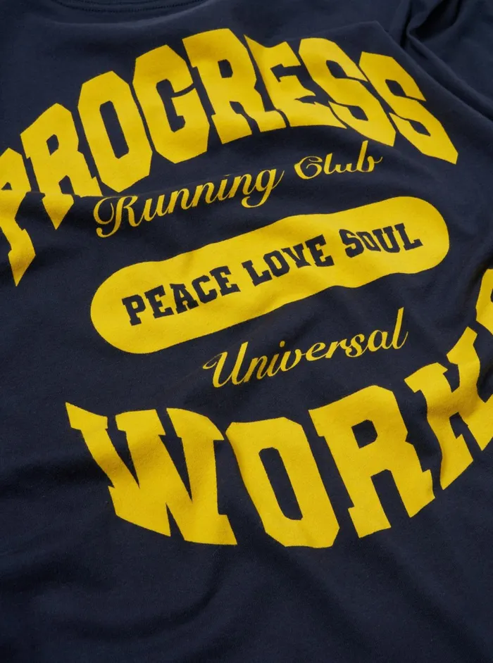 X Progress Running Club Print Tee In Navy Single Jerse Men Universal Works Tees