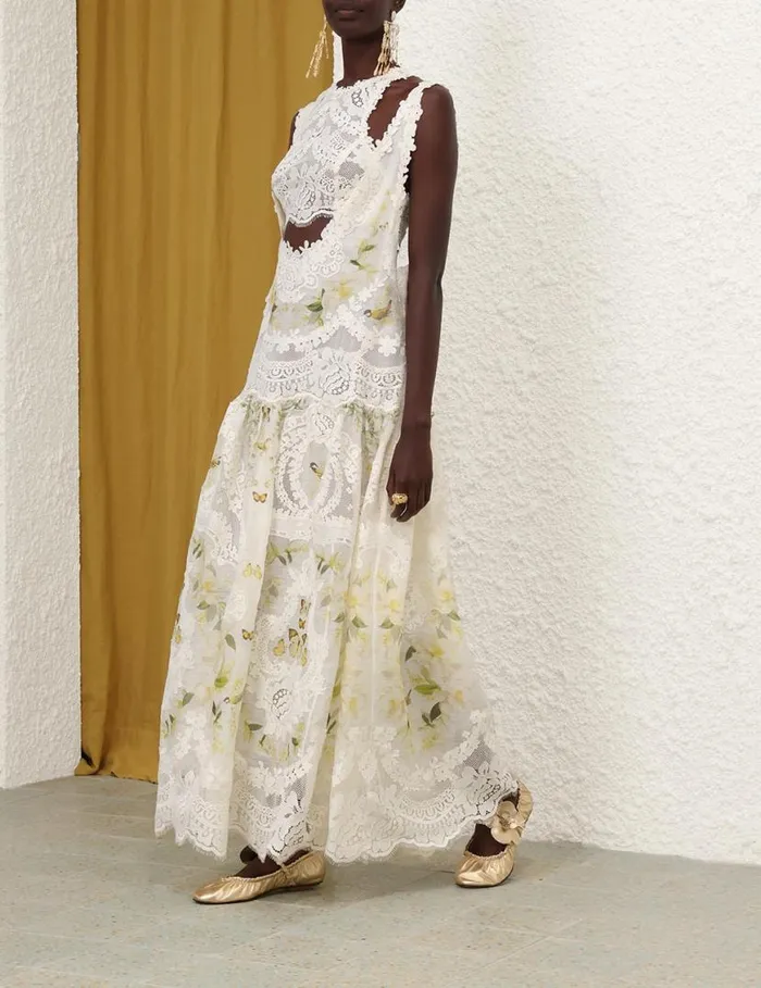 Zimmermann Clothing Harmony Lace Patch Gown Lemon Mixed Print 8211 Women