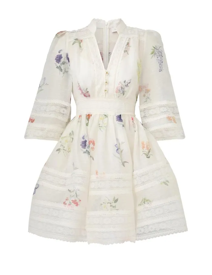 Zimmermann Clothing Natura V Neck Lace Mini Dress Multi Botanical Ivory 8211 Women
