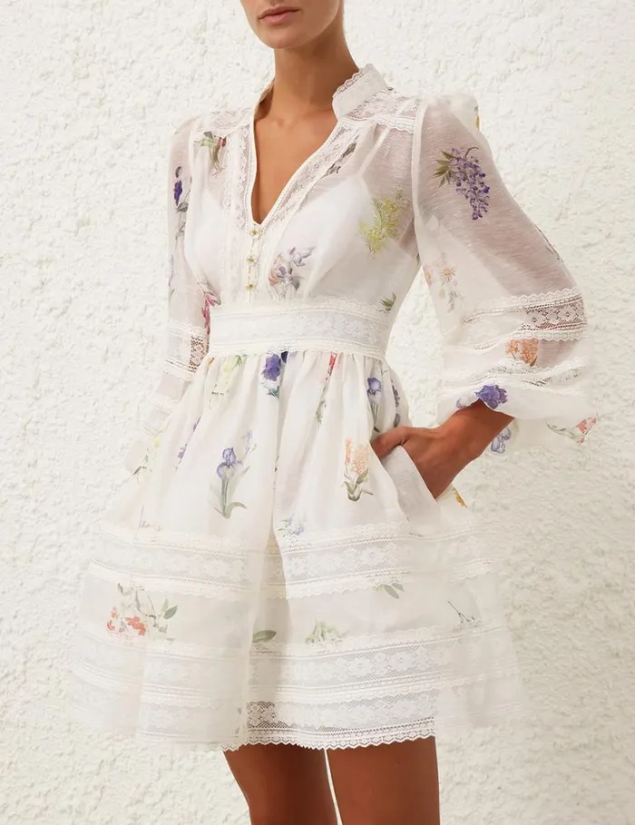 Zimmermann Clothing Natura V Neck Lace Mini Dress Multi Botanical Ivory 8211 Women