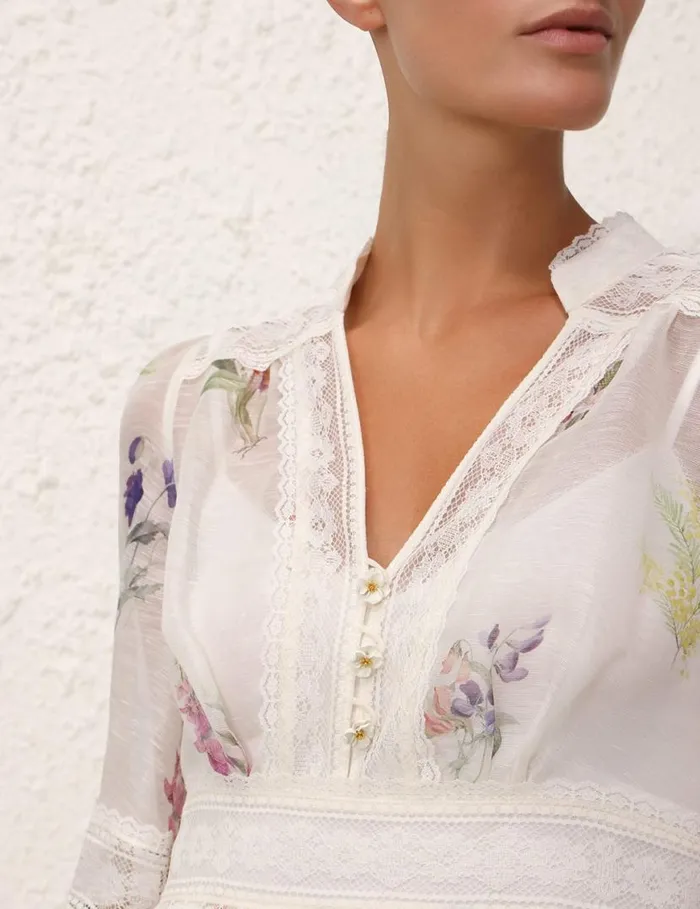 Zimmermann Clothing Natura V Neck Lace Mini Dress Multi Botanical Ivory 8211 Women