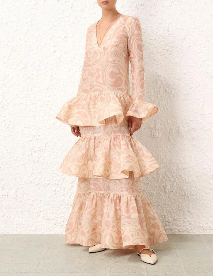 Zimmermann Dresses Matchmaker V Neck Gown Pinkcream Abstract Musical 8211 Women
