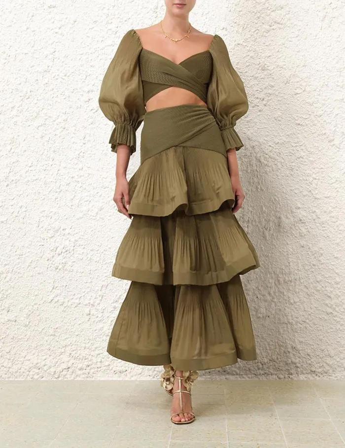 Zimmermann Skirts Pleated Tiered Skirt Olive 8211 Women