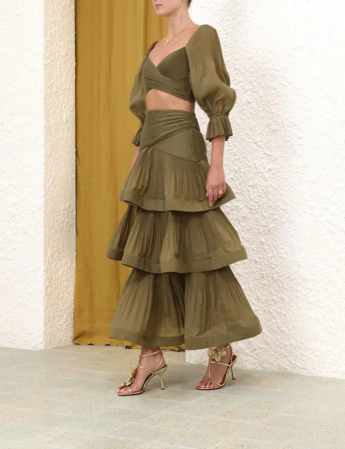 Zimmermann Skirts Pleated Tiered Skirt Olive 8211 Women