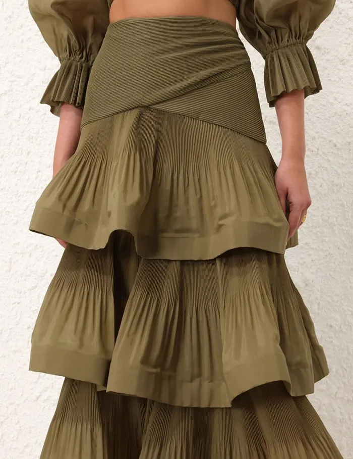 Zimmermann Skirts Pleated Tiered Skirt Olive 8211 Women